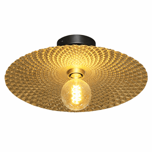 Ceiling light fixture with textured gold shade and visible bulb on a white background