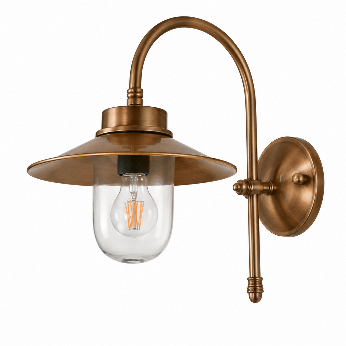 Antique brass outdoor wall lamp with a curved neck and clear glass diffuser, showcasing a vintage design.