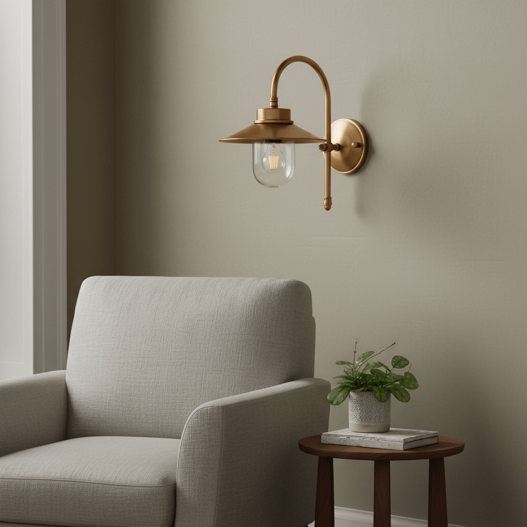 Antique brass wall lamp with clear glass diffuser mounted beside a cozy armchair and plant.