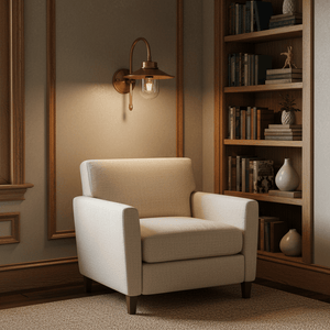 Antique brass wall lamp illuminating a cozy reading nook with a chair and bookshelf.