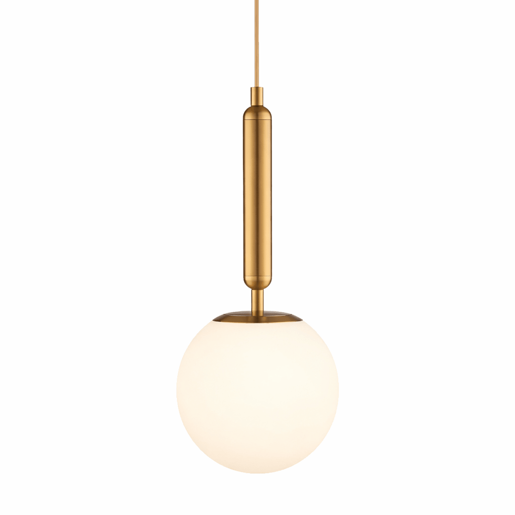 Modern pendant light with a gold fixture and white glass shade on a white background