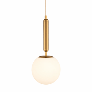Modern pendant light with a gold fixture and white glass shade on a white background