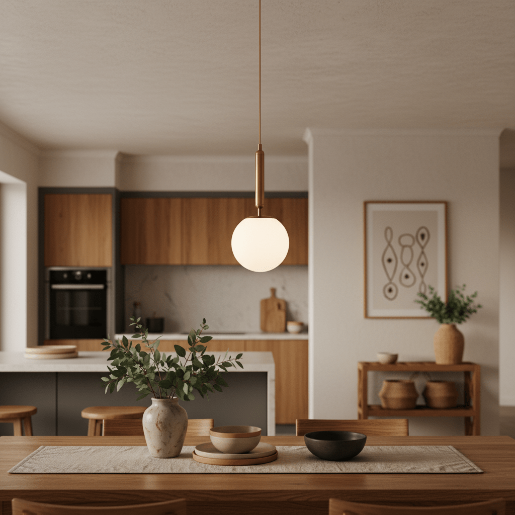 Frosted white glass pendant light with antique brass detail hanging above a wooden dining table, surrounded by decor.