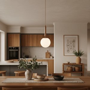 Frosted white glass pendant light with antique brass detail hanging above a wooden dining table, surrounded by decor.