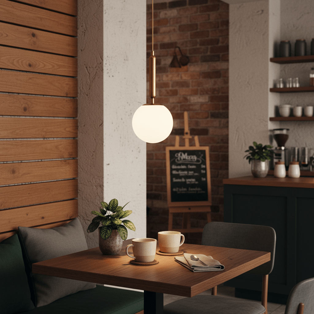 Frosted white glass pendant light with antique brass detail hanging over a wooden table with two cups.