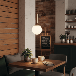 Frosted white glass pendant light with antique brass detail hanging over a wooden table with two cups.