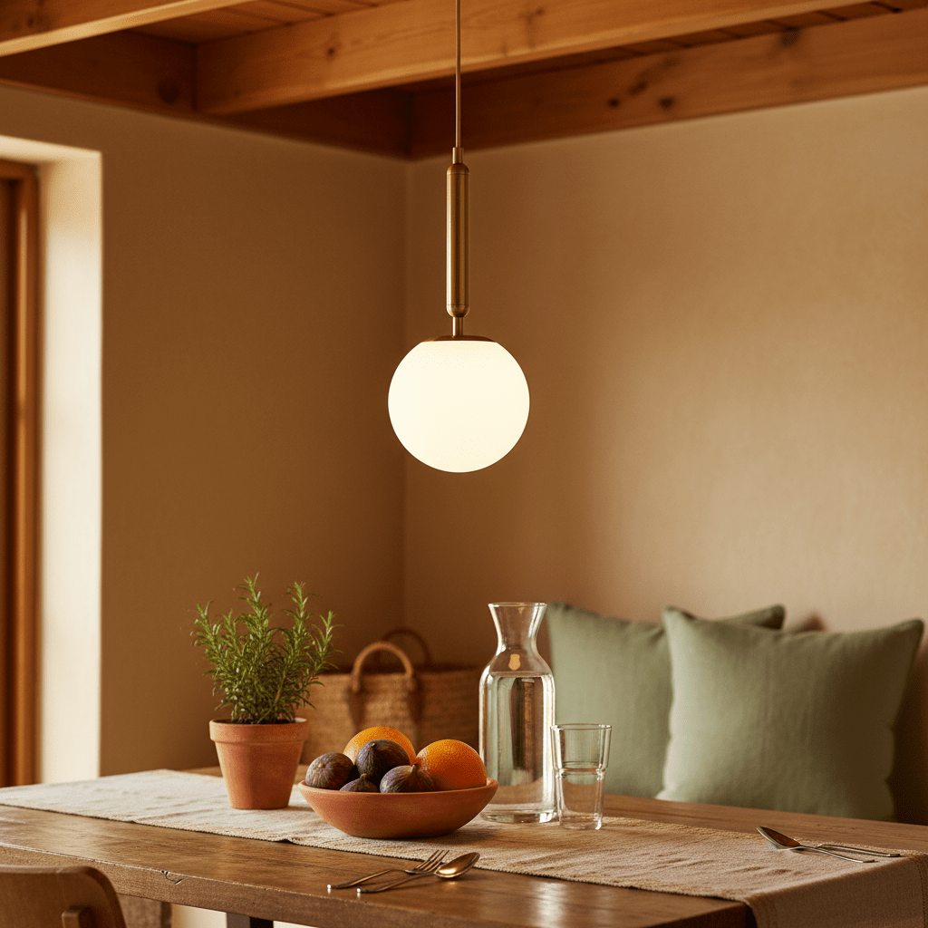 Frosted white glass pendant light hanging above a wooden dining table with fruit and greenery.