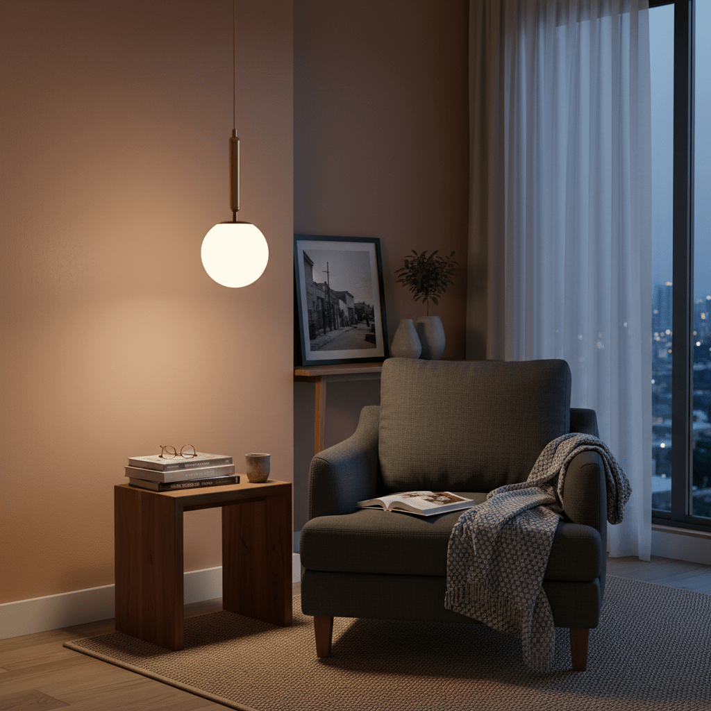Frosted white glass pendant light with antique brass detail hanging above a cozy armchair and side table.