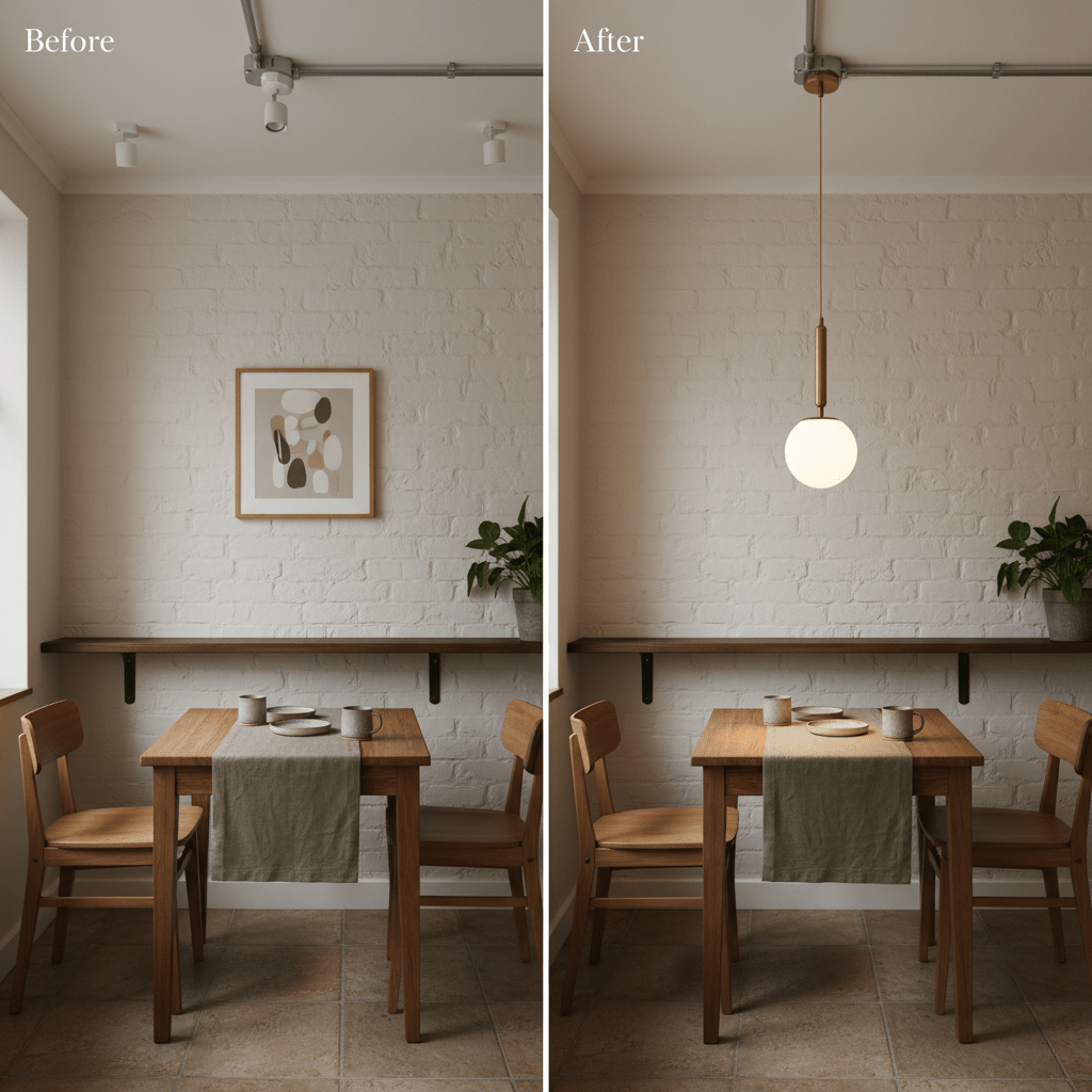 A dining area before and after installation of a frosted glass pendant light, showcasing a warm ambiance.