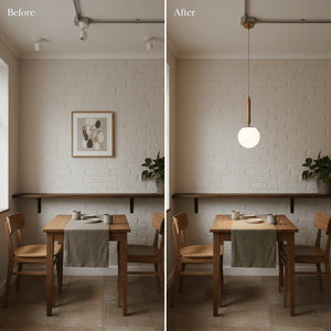 A dining area before and after installation of a frosted glass pendant light, showcasing a warm ambiance.