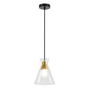 Pendant light with clear glass shade and gold accent on a white background