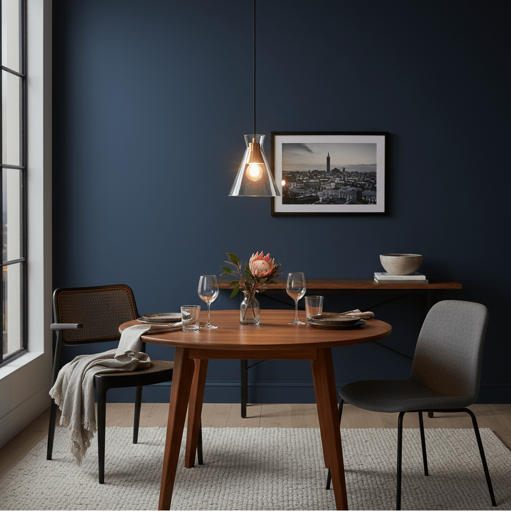 Stylish Black & Gold pendant light hanging over a wooden dining table set with glassware and flowers.