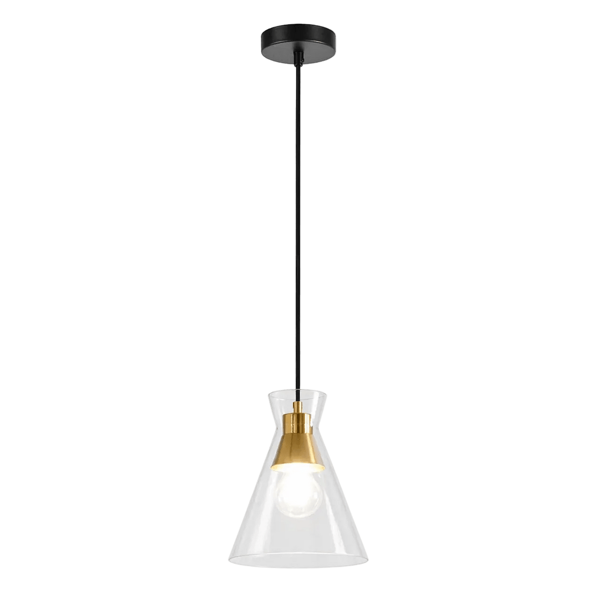 A black and gold pendant light with a clear conical shade, suspended from a black cord and ceiling mount.