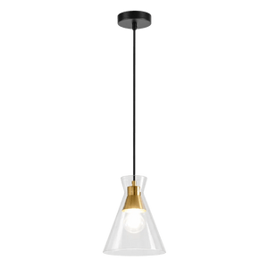 A black and gold pendant light with a clear conical shade, suspended from a black cord and ceiling mount.
