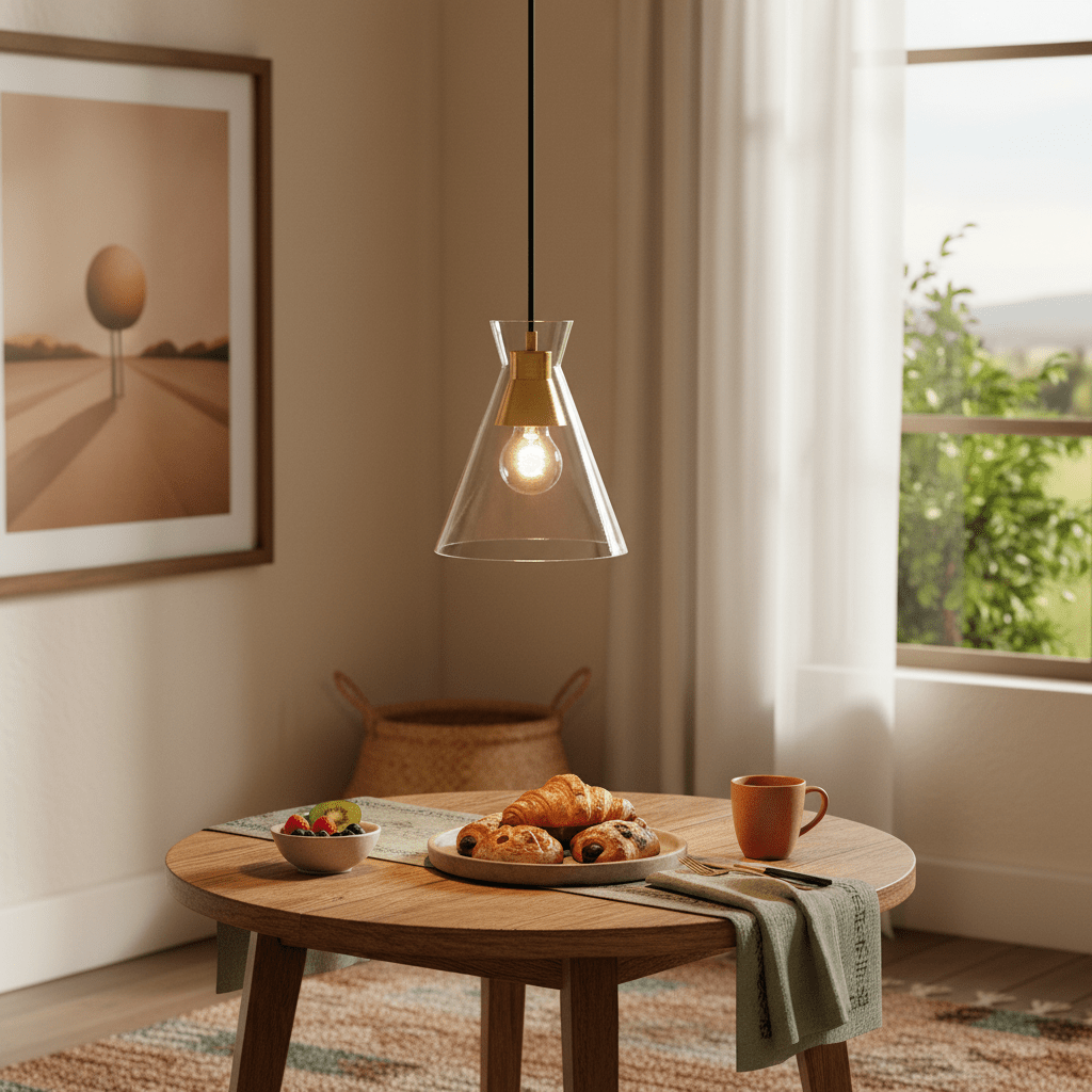 Black & Gold Cleopatra 1 Light Pendant Light hanging above a wooden dining table with pastries and fruit.