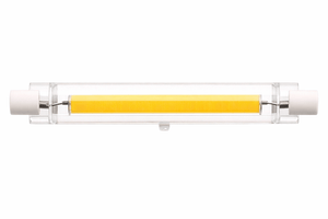 LED R7S bulb with a clear casing and yellow light strip, showcasing its design and structure.