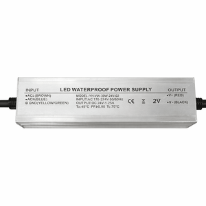 24V 30W LED driver with waterproof casing, showing input/output specifications and connections.