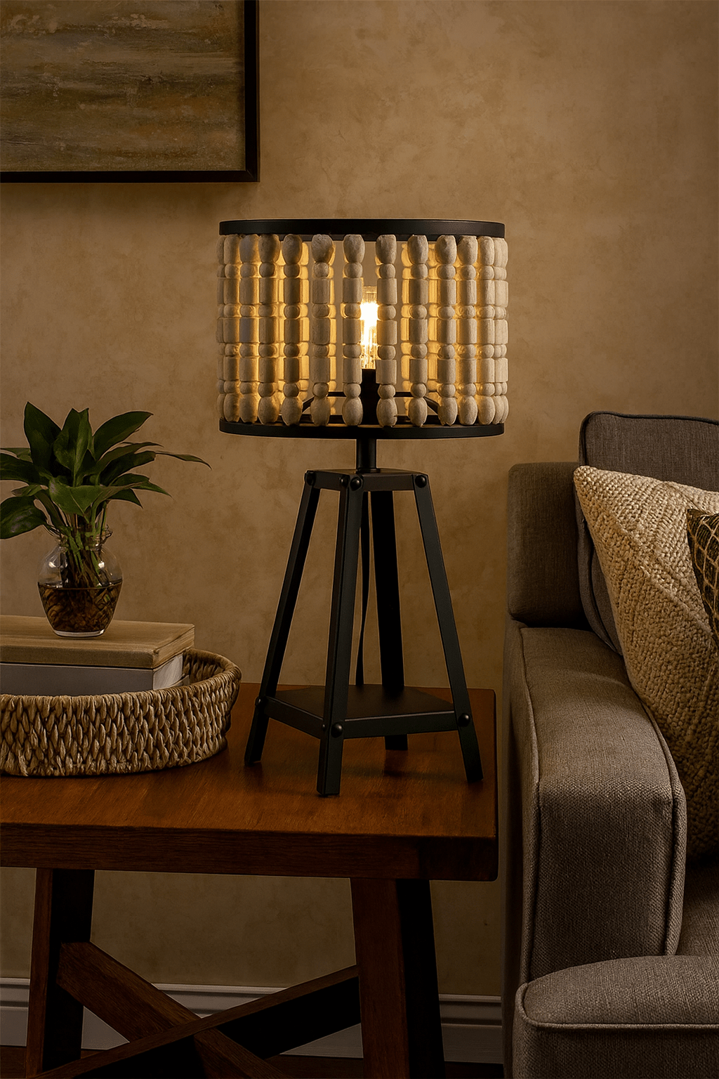 Metal and Wood Bead Table Lamp