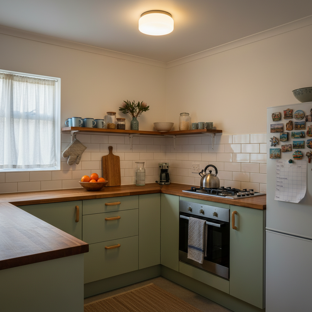 Modern kitchen with a white glass ceiling light illuminating the space, featuring wooden countertops and shelves.