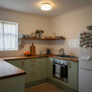 Modern kitchen with a white glass ceiling light illuminating the space, featuring wooden countertops and shelves.