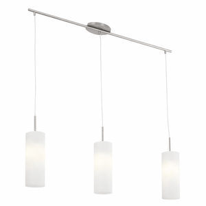 Modern pendant light fixture with three cylindrical shades on a white background