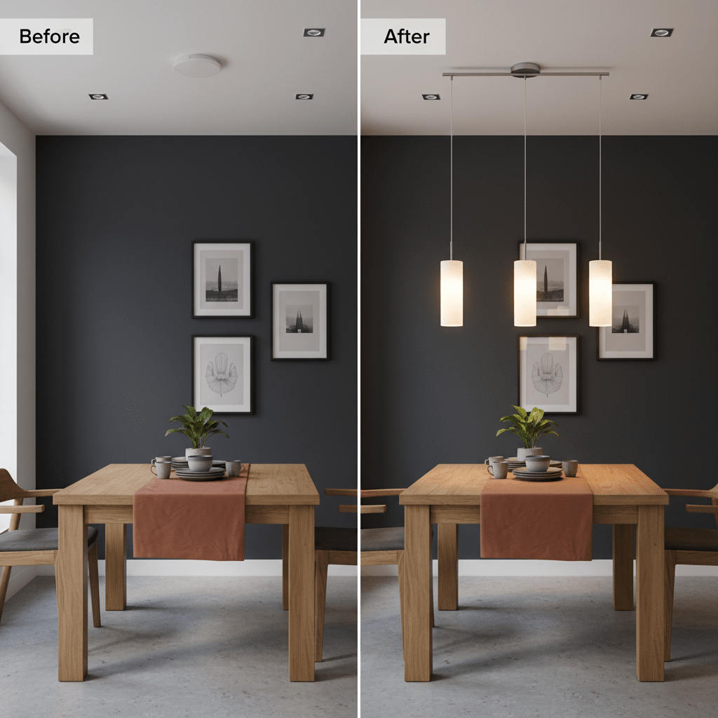 Before and after comparison of a dining table with the Troy 3 Light Pendant installed, showcasing improved lighting.