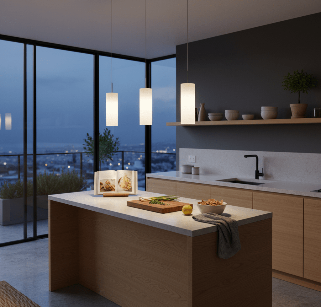 Troy 3 Light Pendant illuminating a modern kitchen island with a sleek design and opal glass shades.