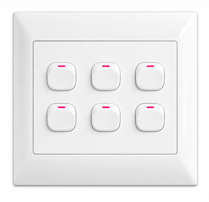 6 lever 1-way switch in a clean white finish with six individual switches.