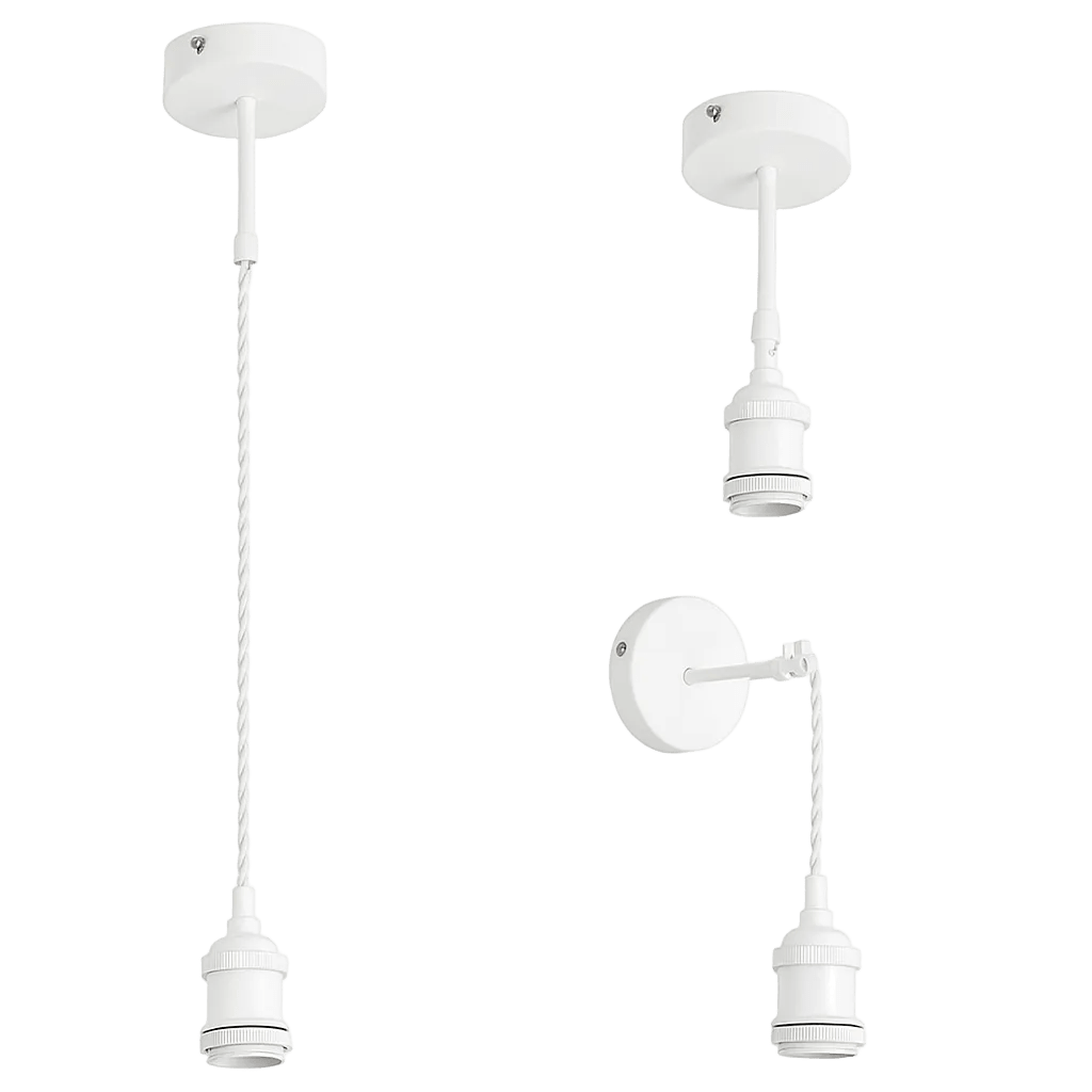 White pendant light with circular ceiling mount, twisted cord, and E27 socket against green background