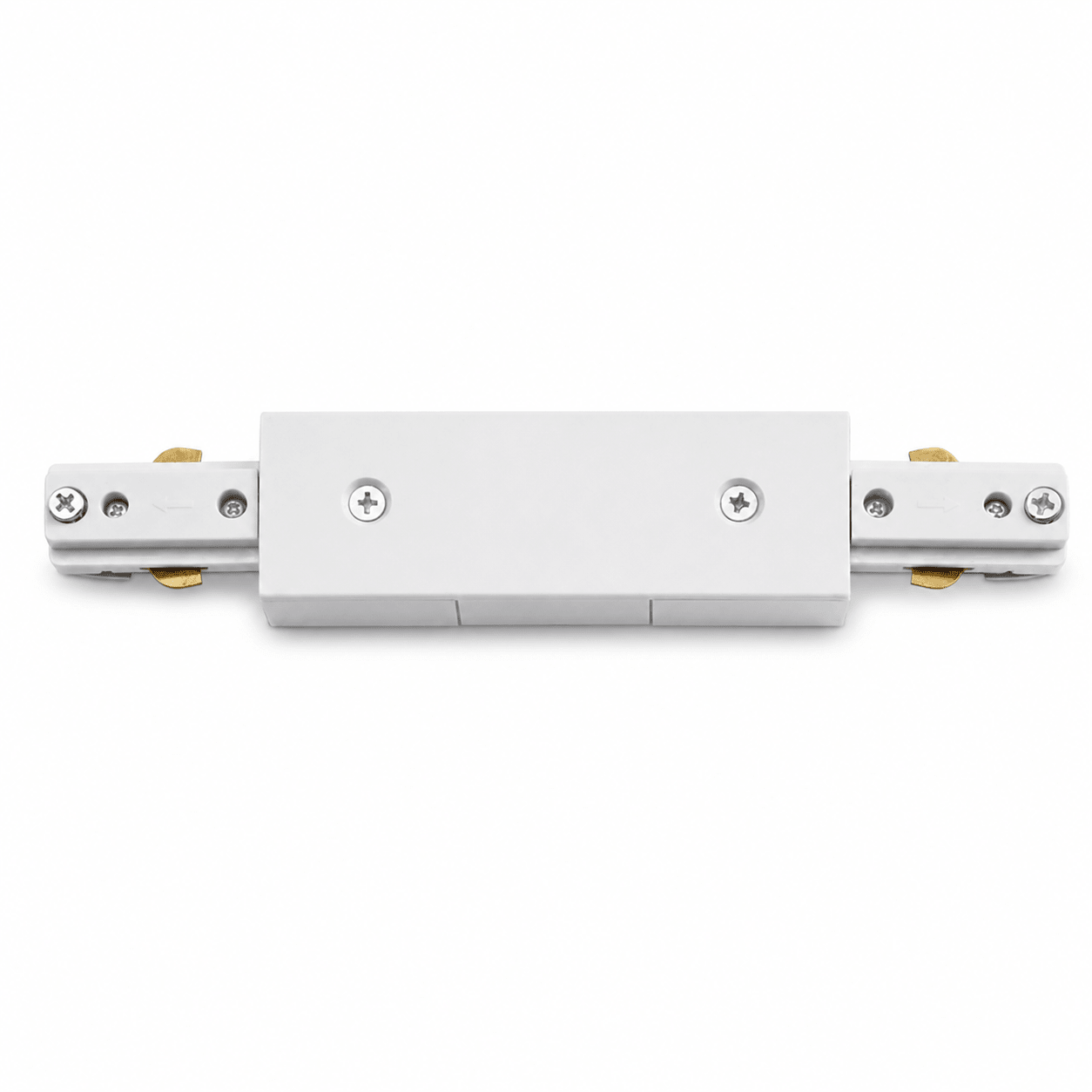 3-wire straight track I-connector with power feed in white, featuring metal construction and secure connection points.