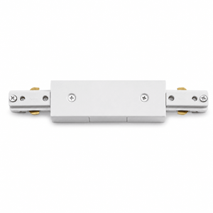 3-wire straight track I-connector with power feed in white, featuring metal construction and secure connection points.