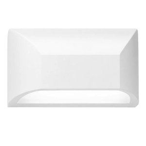 White 6 Watt LED wall light with a geometric design and a smooth finish, featuring a curved bottom edge.