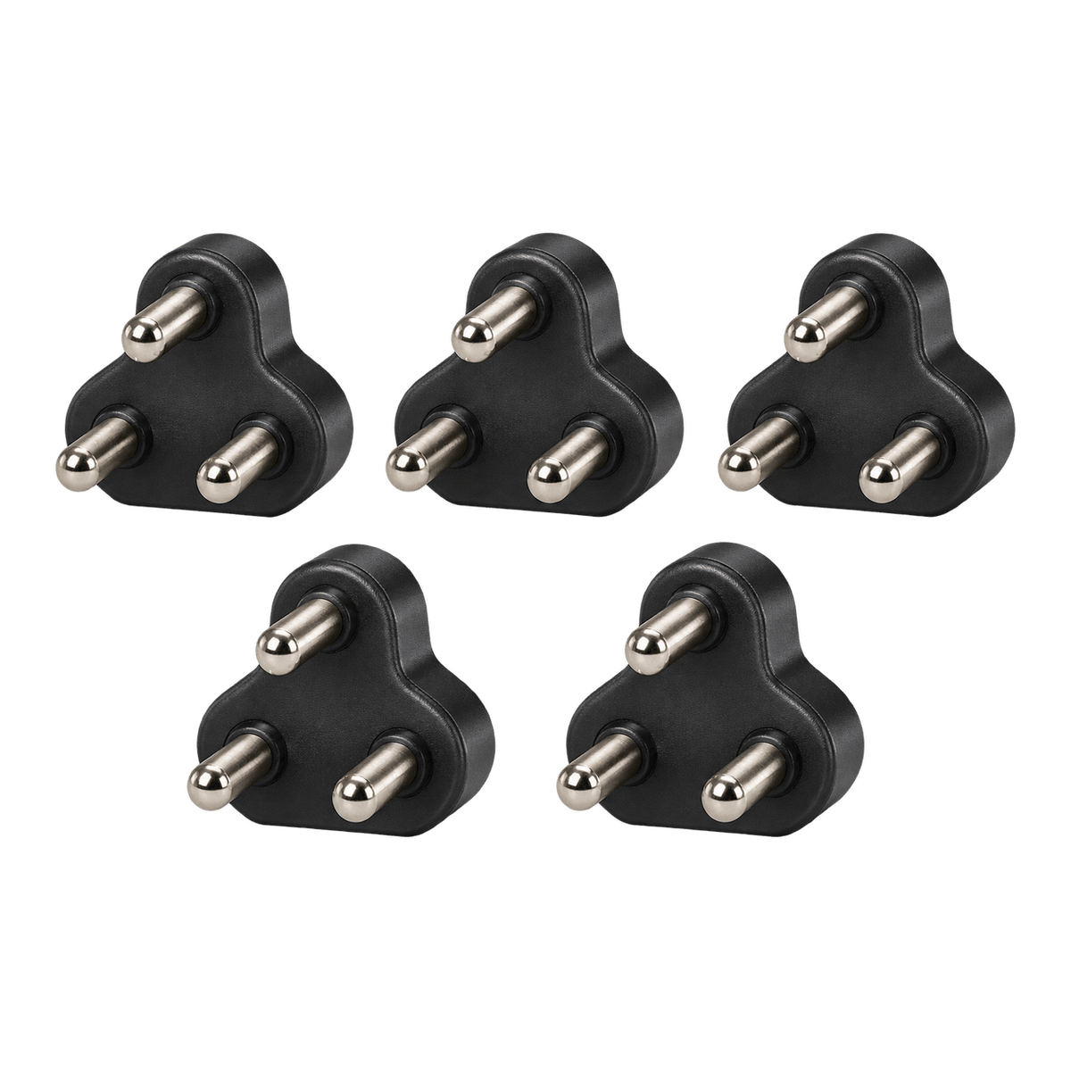 Transparent-background product image showing five black 16A three-pin plug tops
