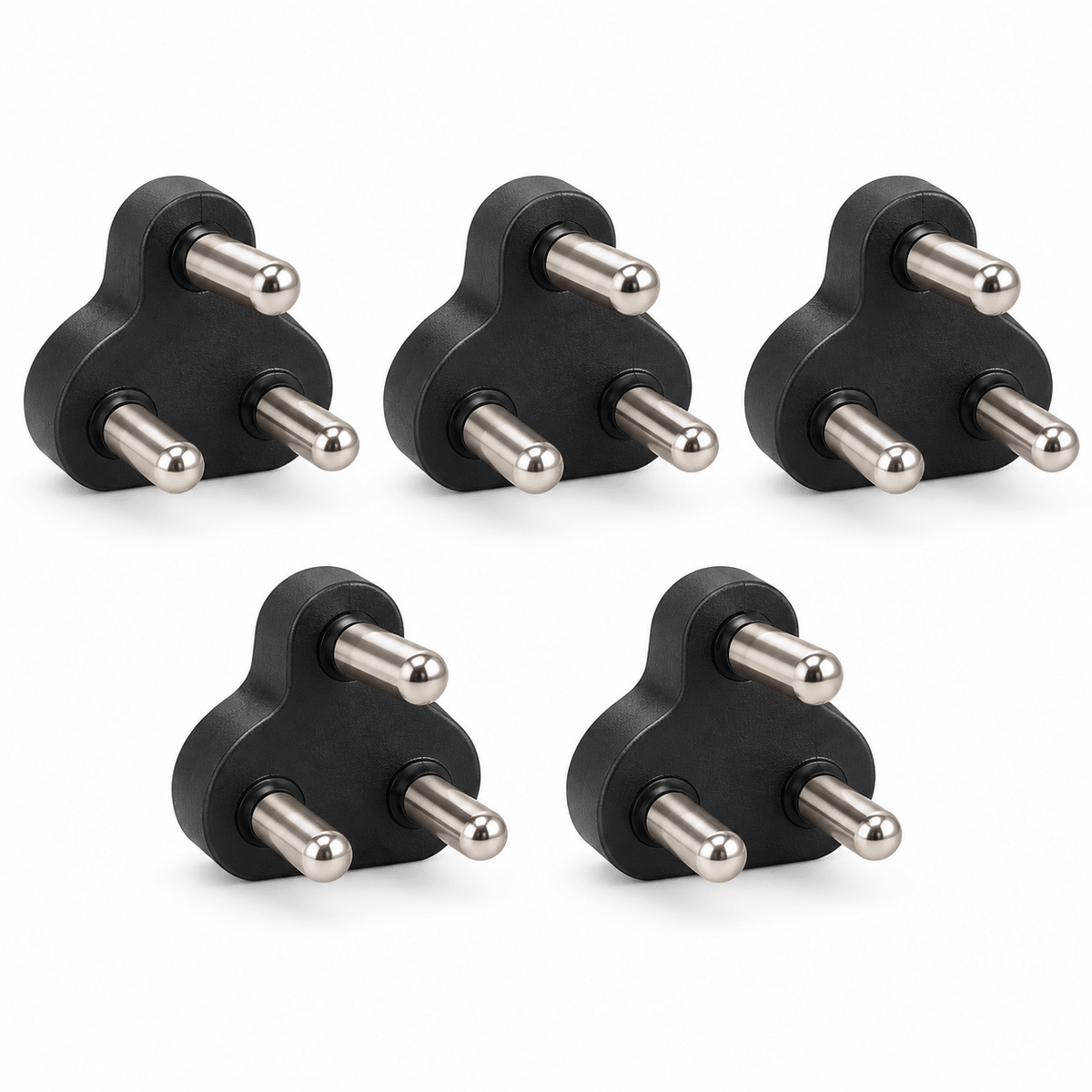 Five black 16A three-pin plug tops on a white background