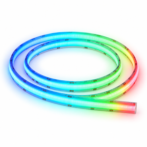RGB COB LED strip light arranged in a coil on a white background