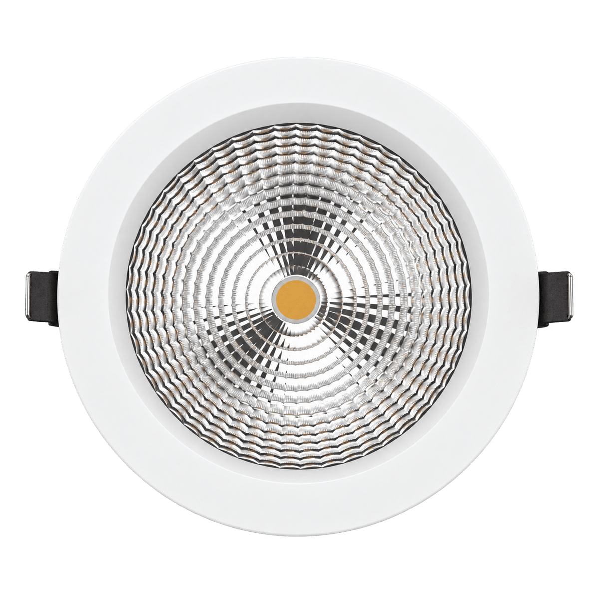 Transparent-background 10W commercial LED downlight with white trim and silver reflector