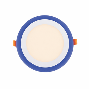 Round LED downlight with blue rim and orange accents on a white background