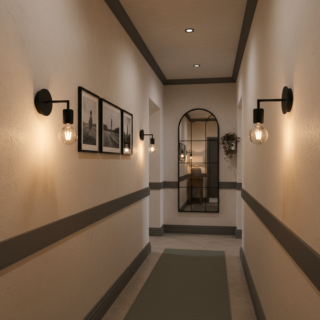 Black wall lights mounted along a hallway, illuminating framed photos and a mirror.
