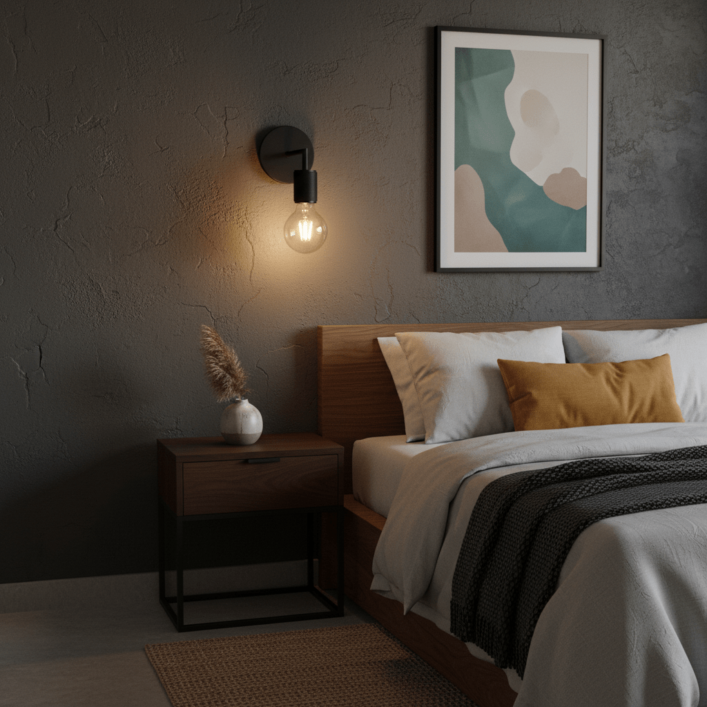 Black wall light mounted beside a bed, illuminating a cozy bedroom with textured walls and modern decor.