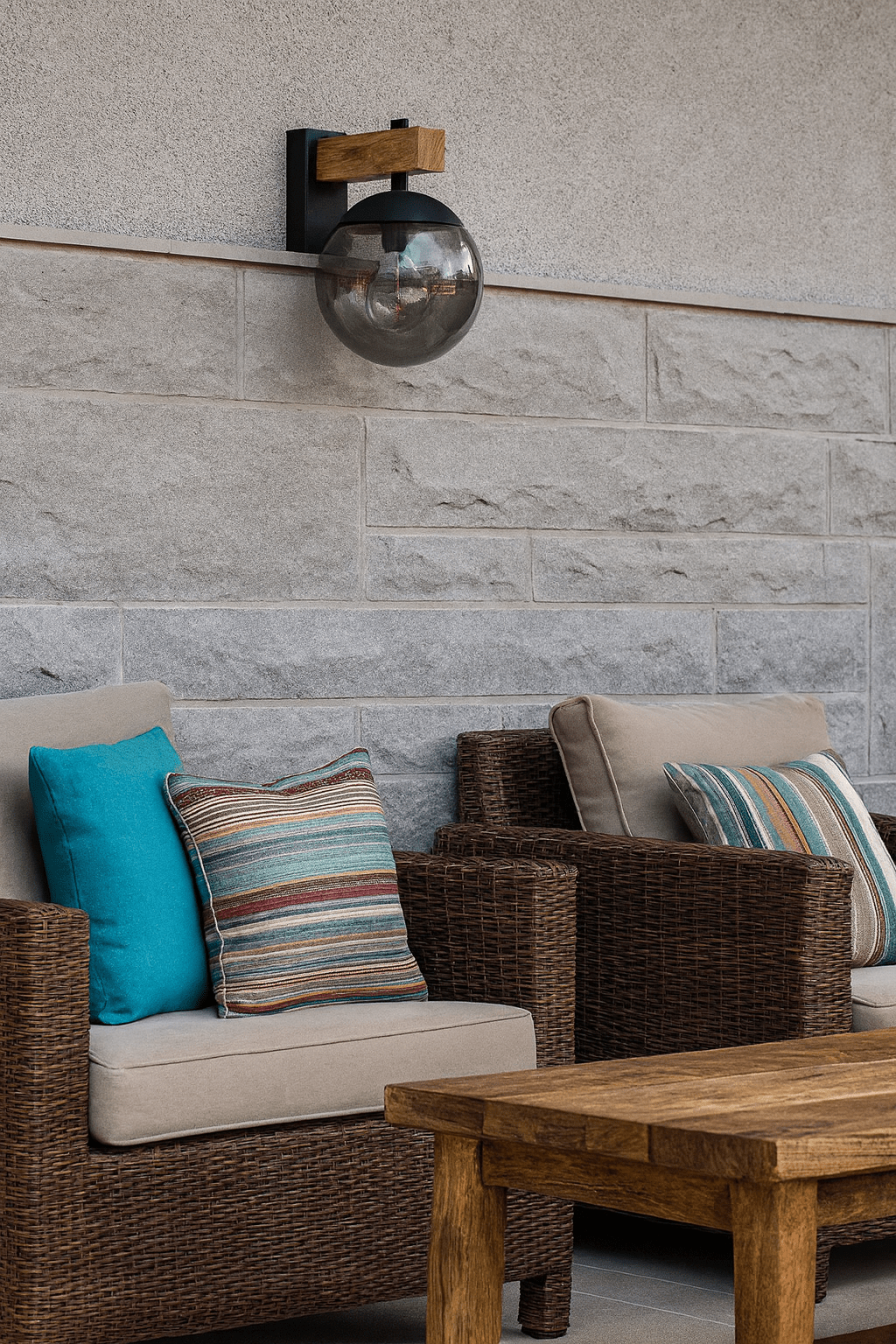 Bufalata Outdoor Wall Light mounted on a textured wall above a cozy seating area with cushions.