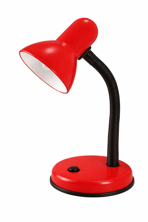 Red desk lamp with a flexible neck and round base, designed for focused lighting.