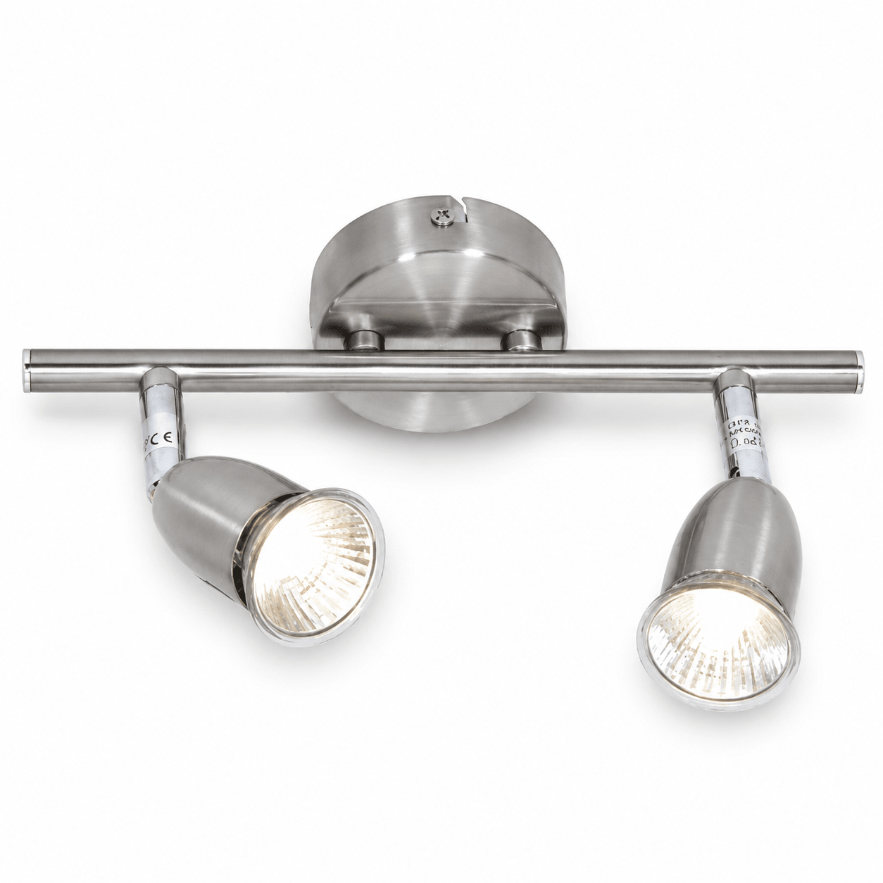 Modern ceiling light fixture with two adjustable lights on a white background