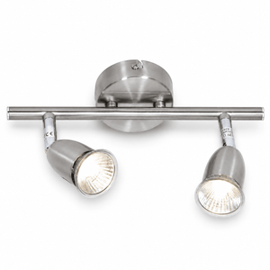 Modern ceiling light fixture with two adjustable lights on a white background