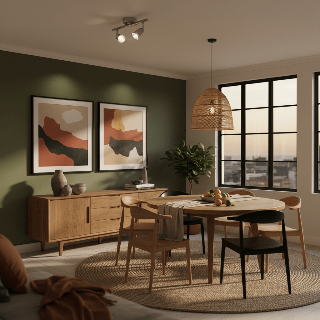 Satin chrome twin spotlight illuminating a modern dining area with artwork and natural decor.