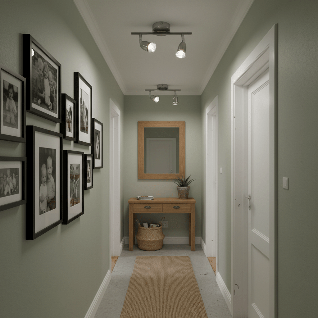 Satin chrome twin spotlight illuminating a hallway with framed photos and a wooden console table.