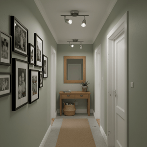 Satin chrome twin spotlight illuminating a hallway with framed photos and a wooden console table.