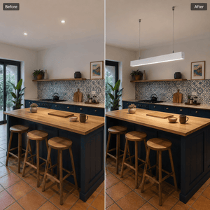 Before and after comparison of a kitchen island with a suspended linear light pendant installed.