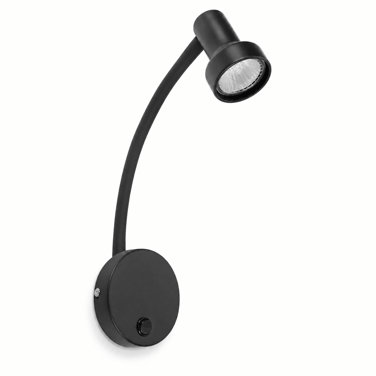 Black wall-mounted reading light with flexible arm on a white background