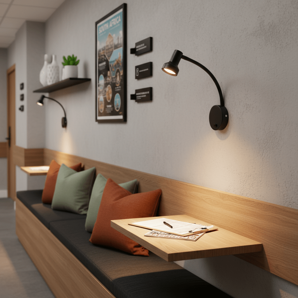 Metal wall light with flexible arm illuminating a cozy seating area with cushions and a wooden table.