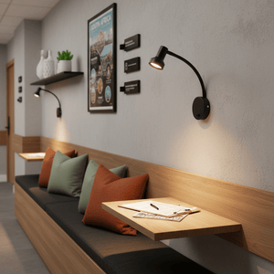 Metal wall light with flexible arm illuminating a cozy seating area with cushions and a wooden table.